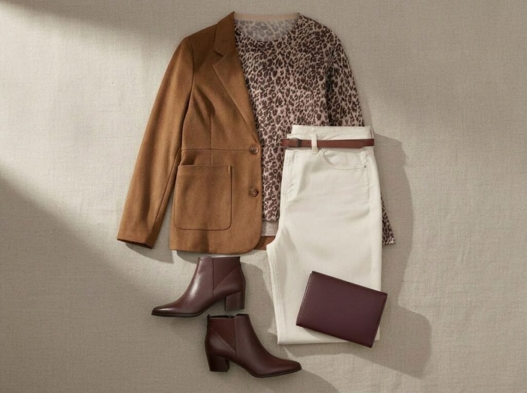 Tenue de dîner femme ronde : pull bordeaux, pantalon écru ceinturé et blazer suédine praline