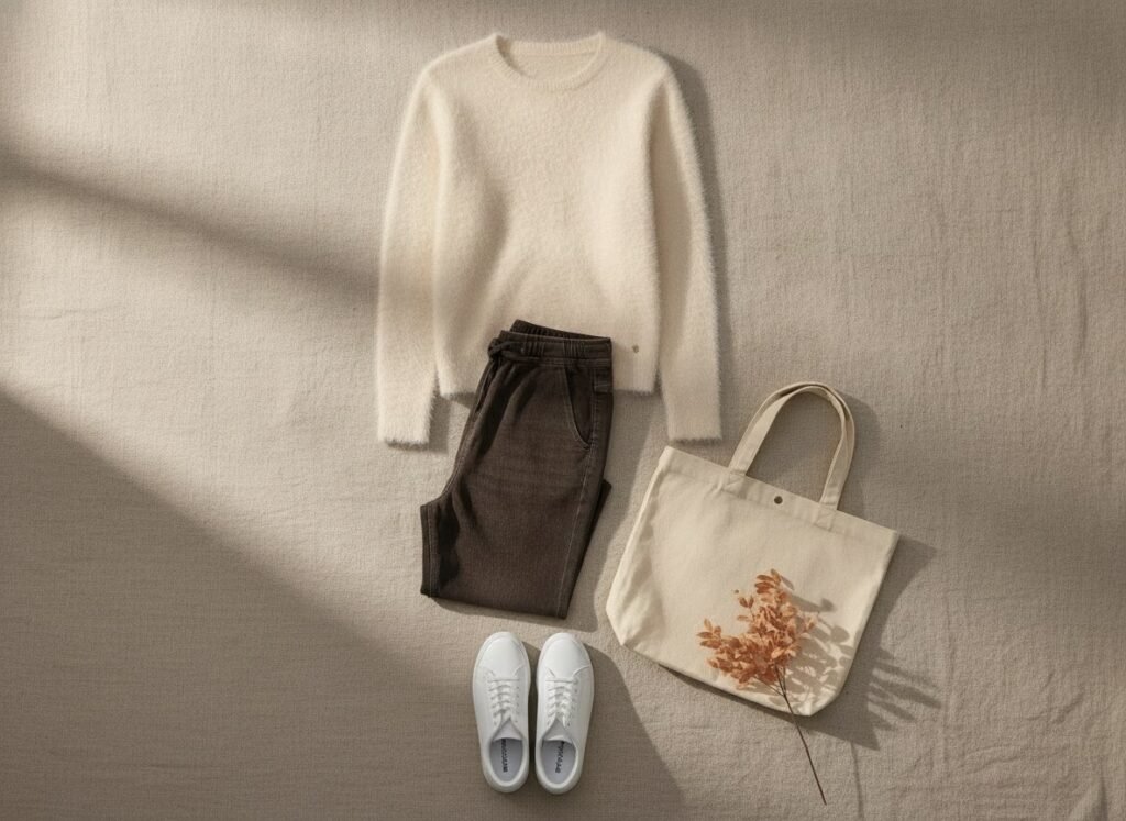 Tenue automne femme ronde du quotidien : pull fluide crème, pantalon marron taille haute et baskets