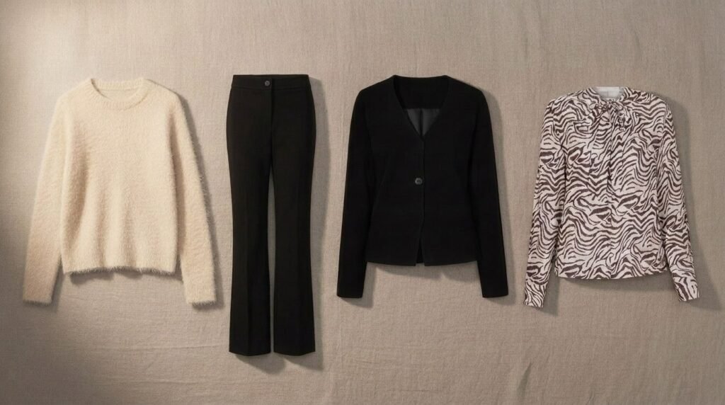 Les quatre pièces d’automne d’une silhouette ronde : maille, pantalon, veste, blouse