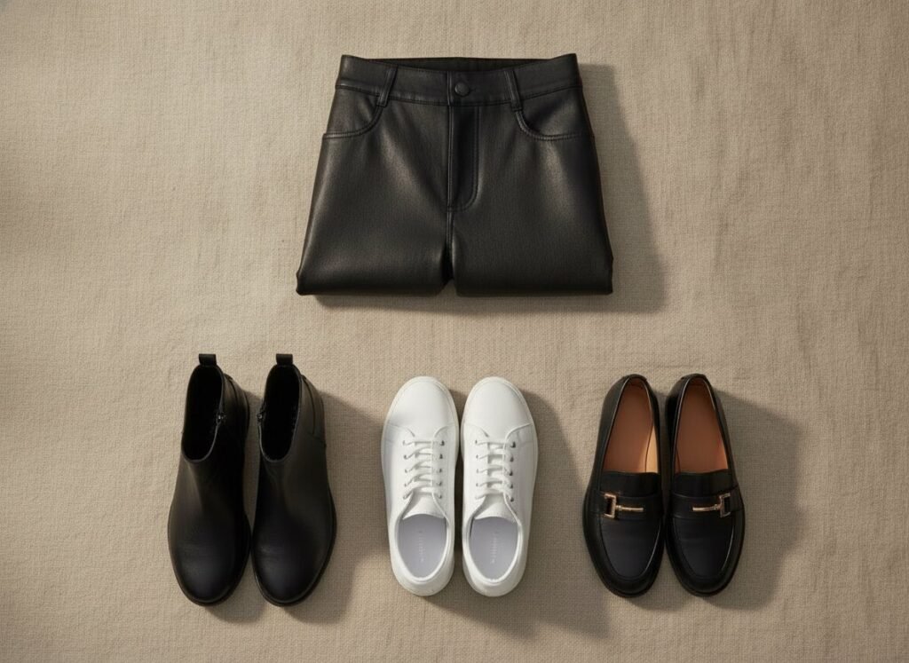 Quelles chaussures avec un pantalon simili cuir : bottines, baskets, mocassins