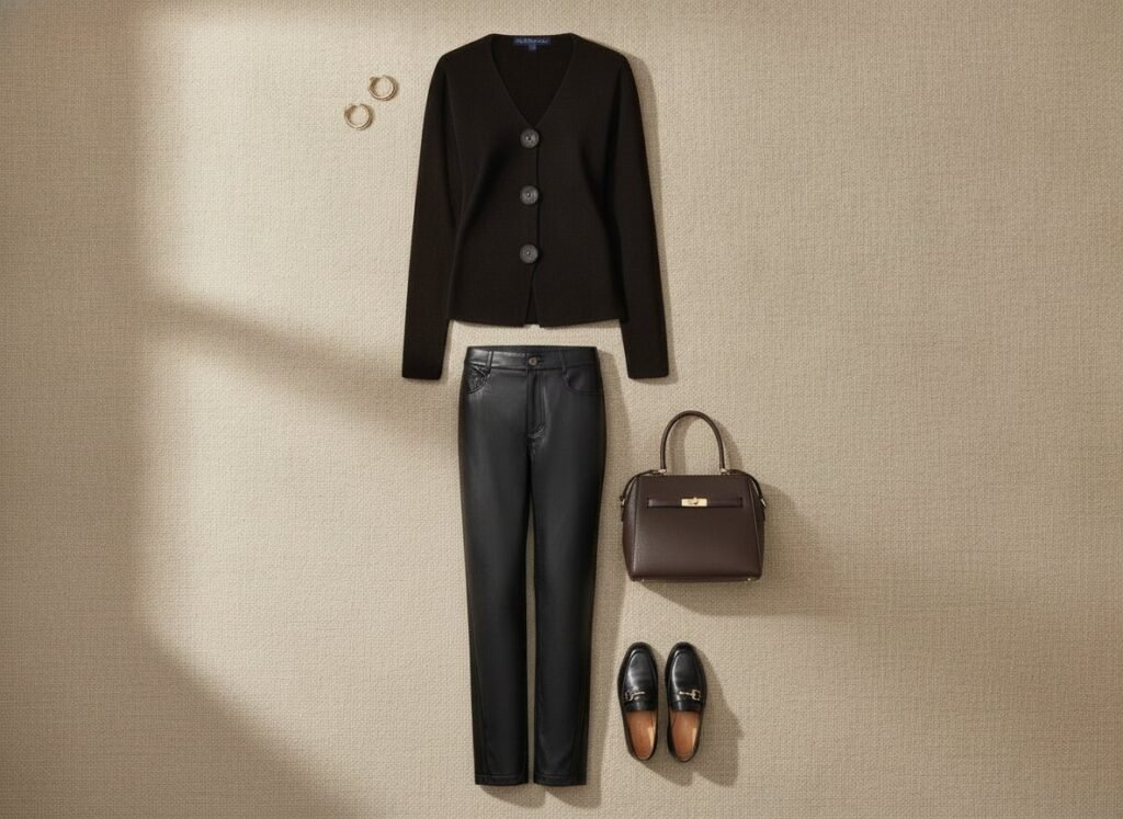 Tenue de bureau avec pantalon simili cuir, cardigan-blazer noir et mocassins