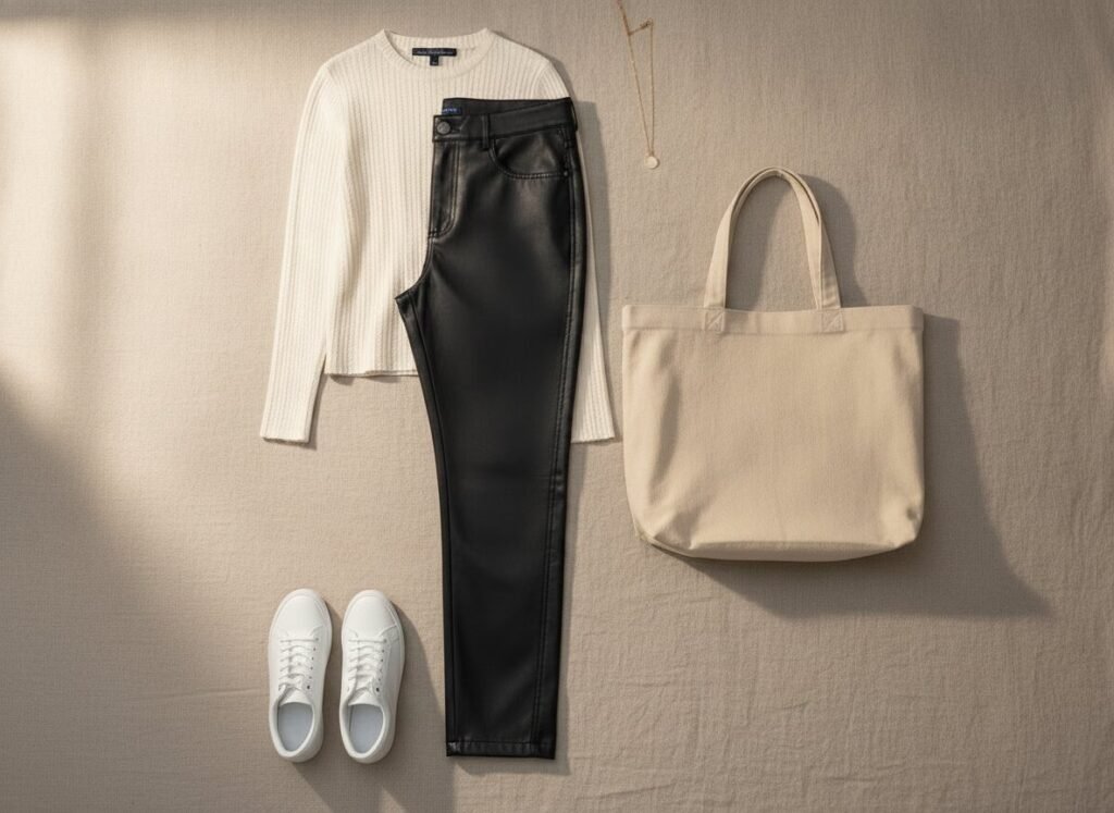 Tenue de jour avec pantalon simili cuir, maille écrue et baskets blanches
