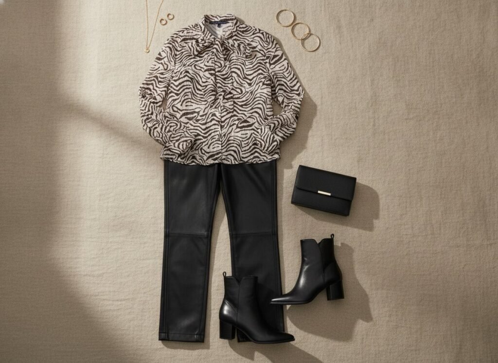 Tenue de soir avec pantalon simili cuir, blouse zébrée et bottines à talon