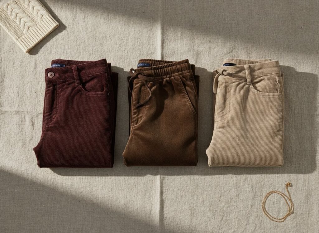 Pantalon velours en trois couleurs : bordeaux côtelé, espresso lisse et stone