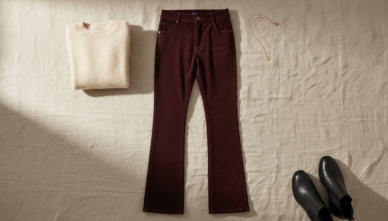 Pantalon en velours côtelé bordeaux posé à plat avec pull crème et bottines