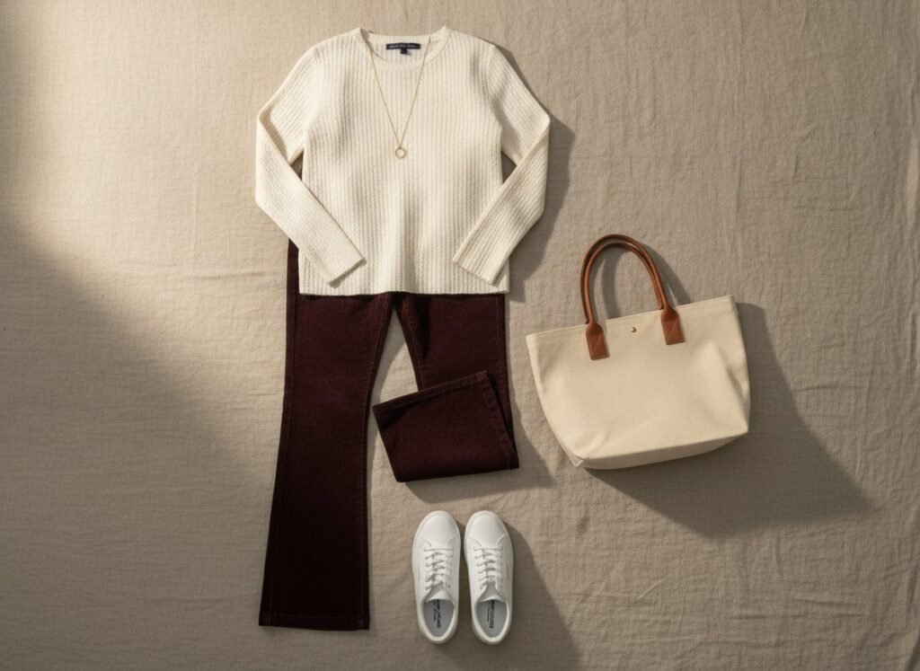 Tenue de jour avec velours bordeaux, maille écrue et baskets blanches