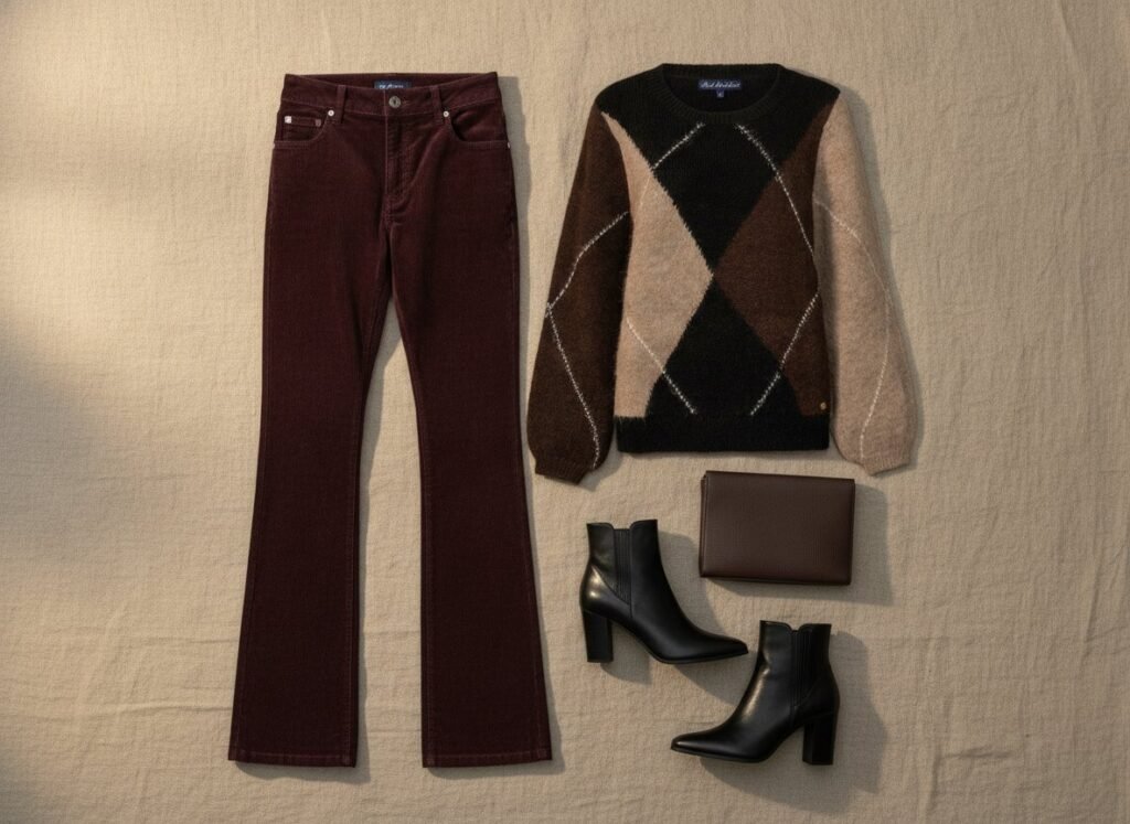 Tenue d’automne avec velours bordeaux, pull argyle et bottines à talon