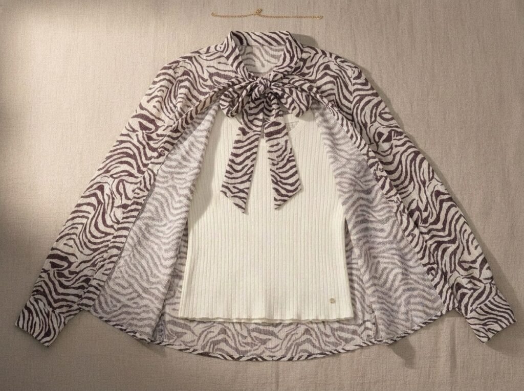 Blouse zébrée bordeaux ouverte sur un top écru : deux lignes verticales quand on a du ventre