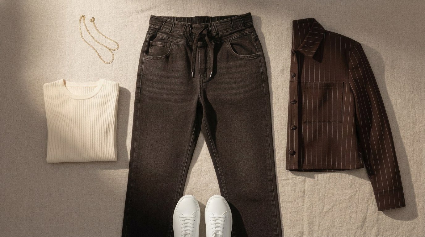 Comment s’habiller quand on a du ventre : pantalon à cordon marron, top fin écru et veste punta