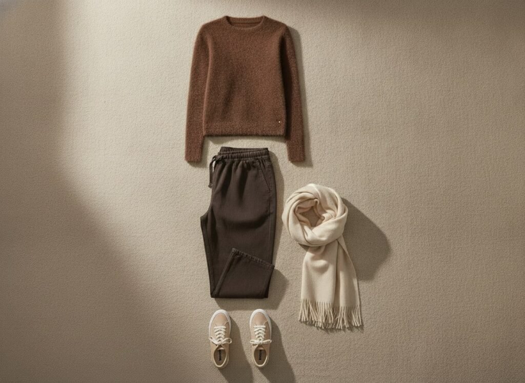 Tenue d’après-midi quand on a du ventre : pull ample praline, pantalon à cordon et baskets