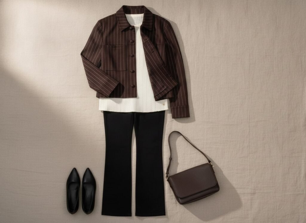 Tenue de bureau quand on a du ventre : top fin écru, pantalon noir taille haute et veste punta ouverte