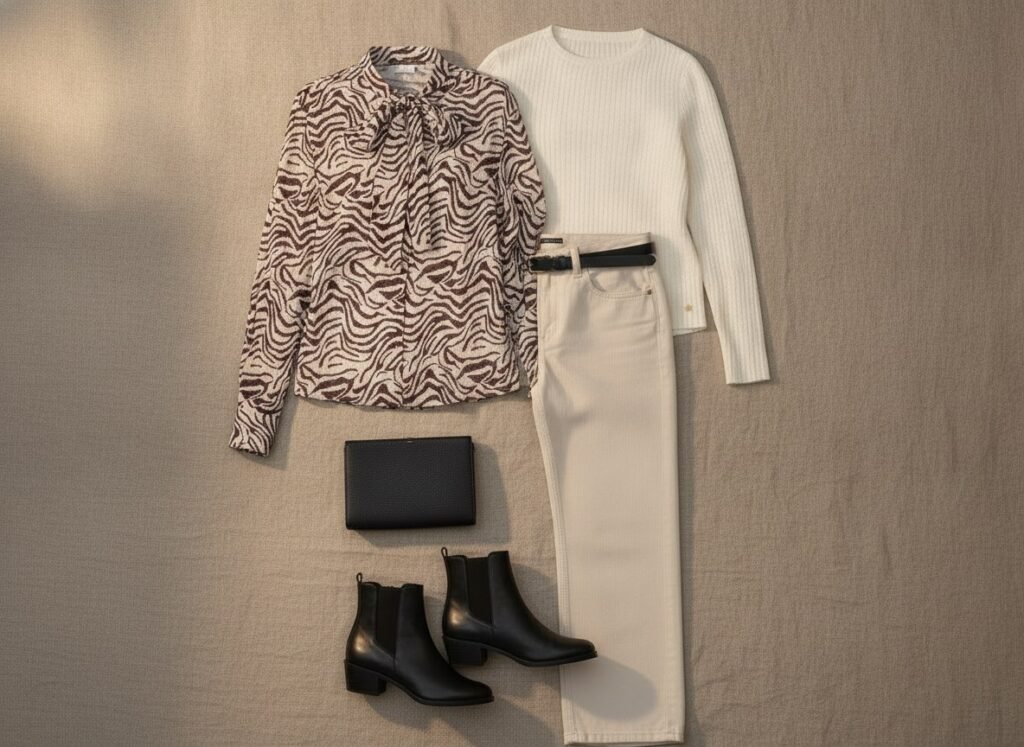 Tenue du soir quand on a du ventre : blouse zébrée, top écru, pantalon écru ceinturé et bottines