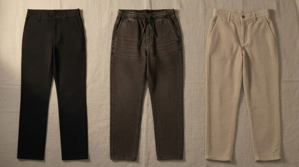 Trois pantalons quand on a du ventre : noir, marron à cordon, stone fine côte
