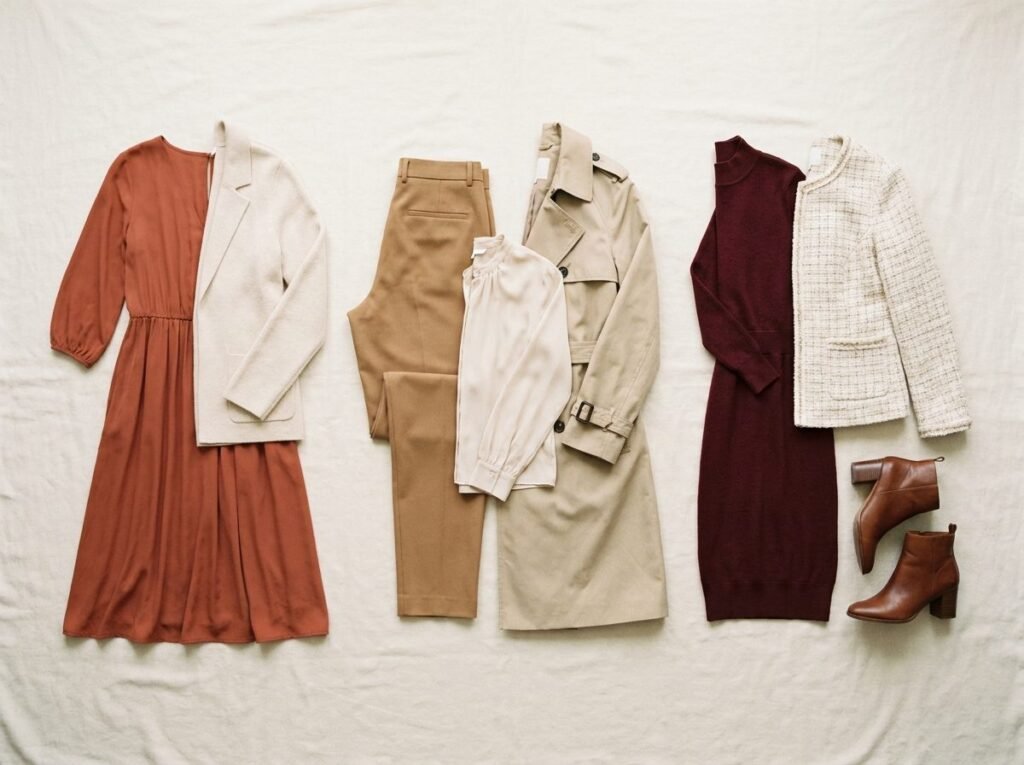 Trois tenues d’invitée d’automne à plat : robe terracotta, pantalon camel et trench, robe bordeaux et veste en tweed