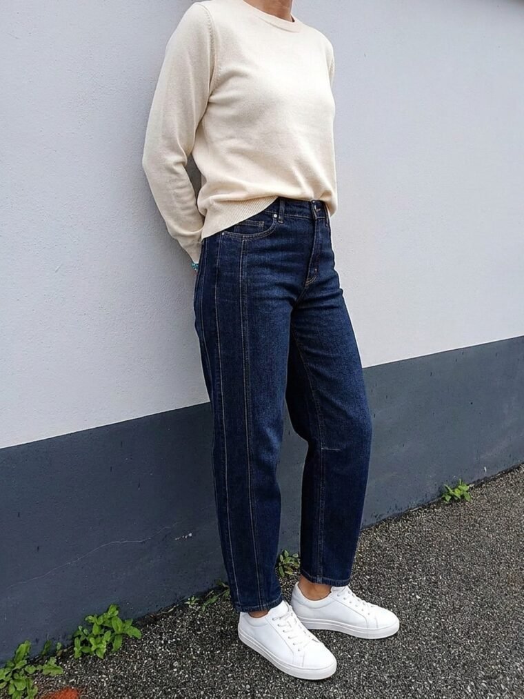 Jean Caitlina side patch dark stone Red Button porté, bande surpiquée sur le côté